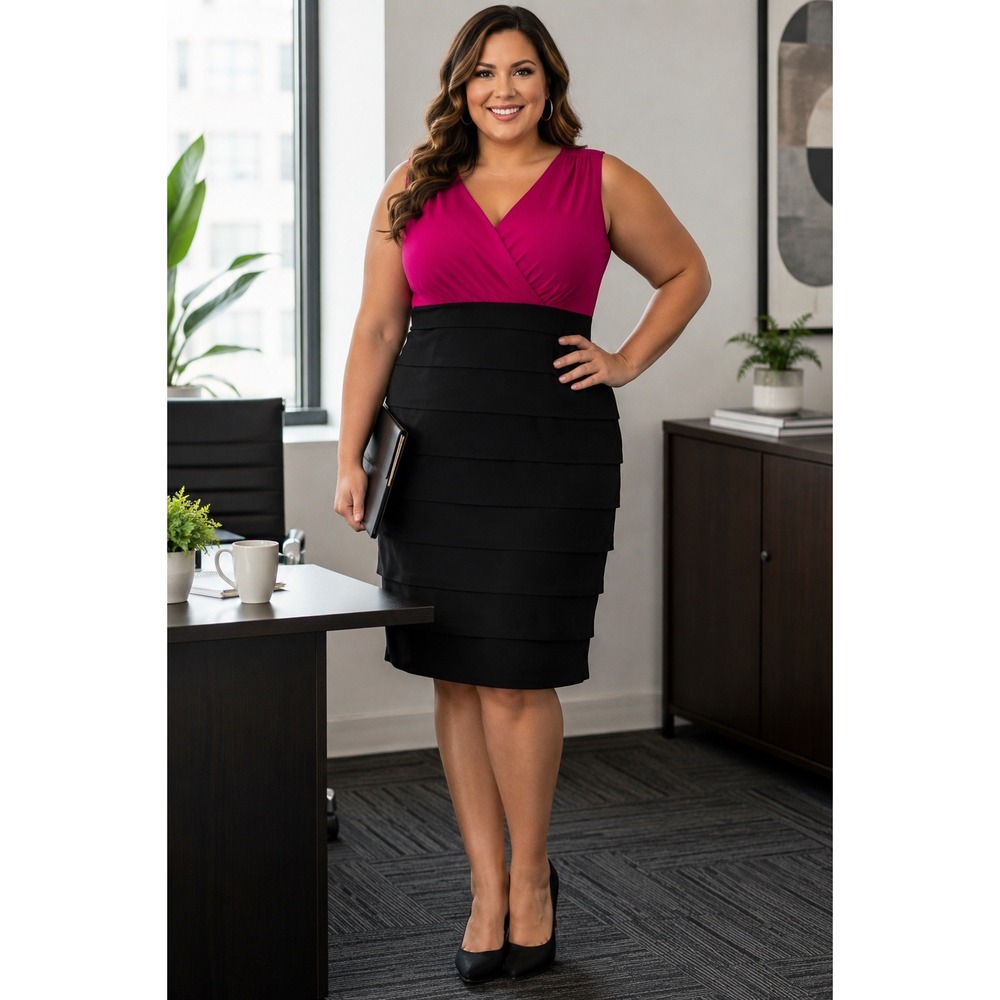 Voir Voir Womens Fuchsia Black Tiered Sheath Dress Size 18 V-Neck Sleeveless